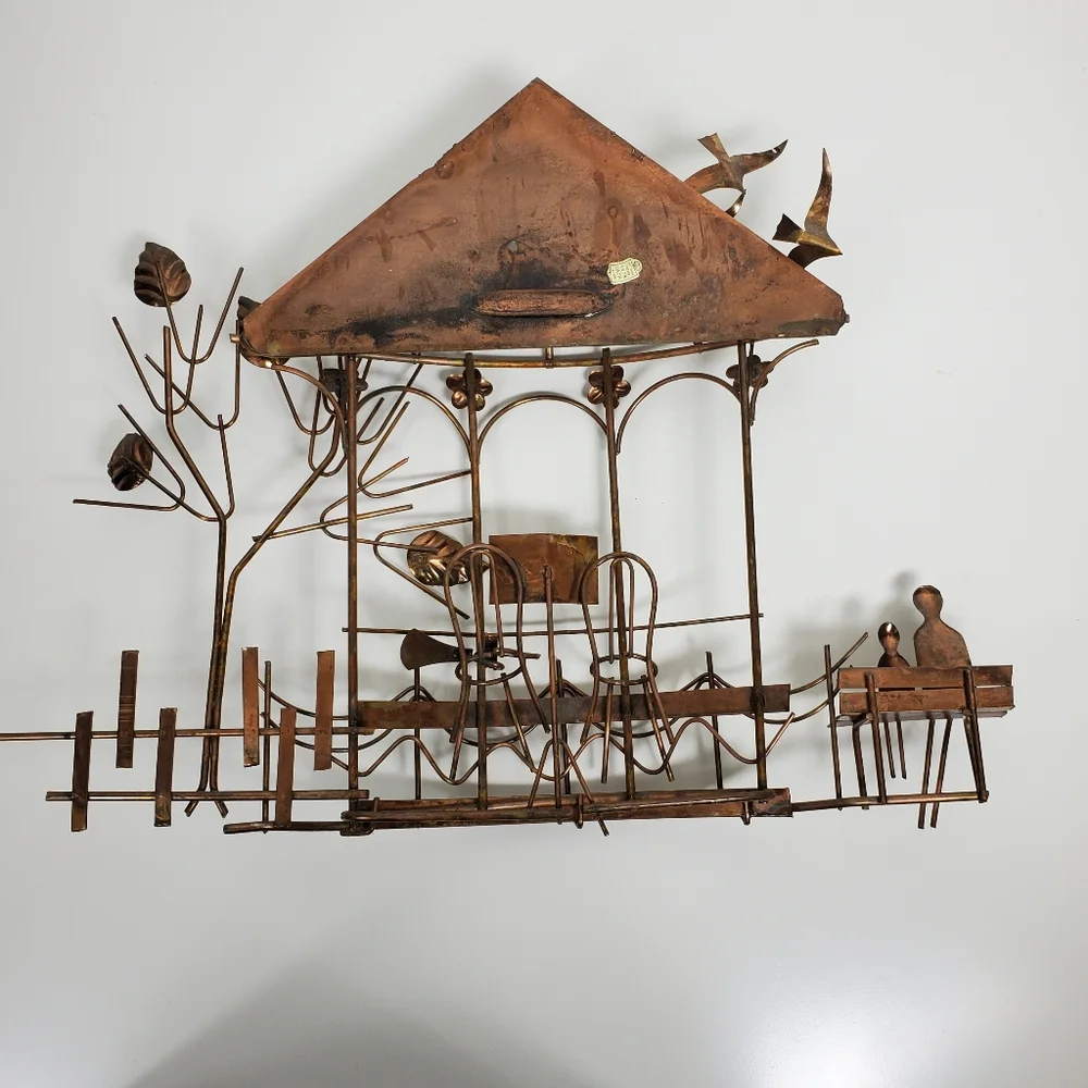 Vintage Emesco 3D copper wall art gazebo, park bench, trees, and flowers - Picture 9 of 12